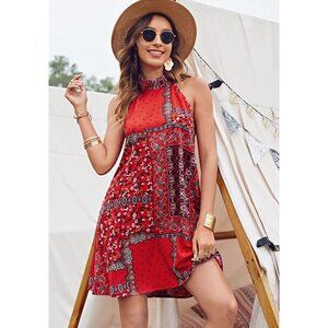 Boho Red Paisley‎ Printed Chiffon A-Line Halter Sleeveless Mini Shift Dress